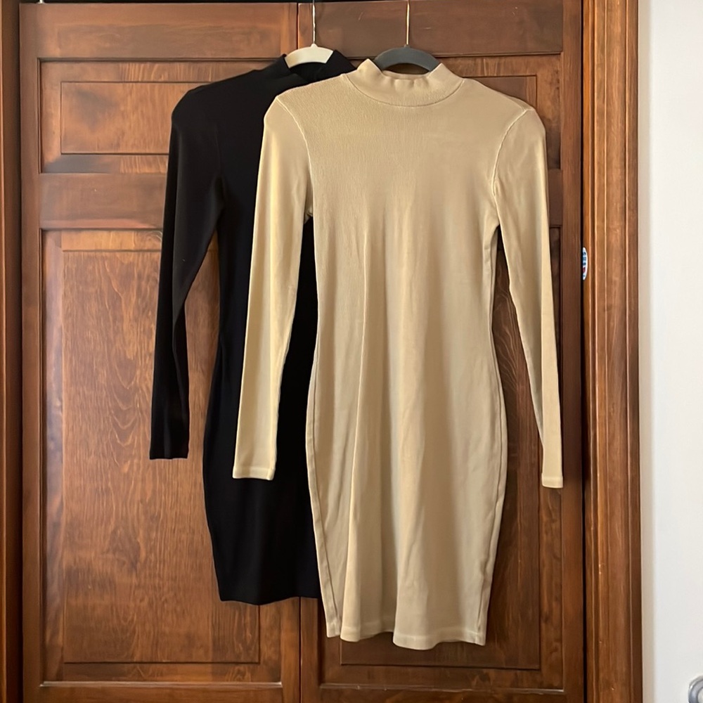Two turtle neck mini dresses.